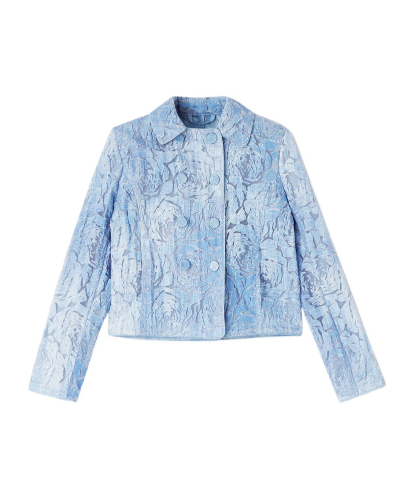 Ermanno Scervino Short Double-breasted Jacket In Devorè With Floral Motif And Denim Print In Light Blue