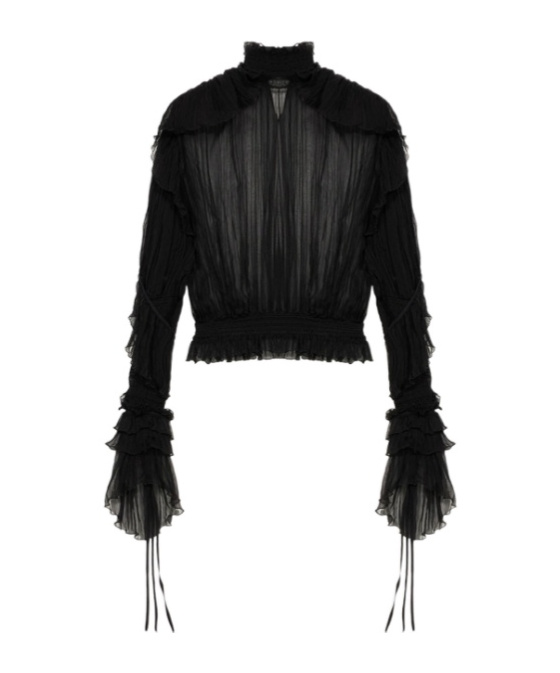 Blumarine High-neck Pleated Fringed-detail Blouse In Black