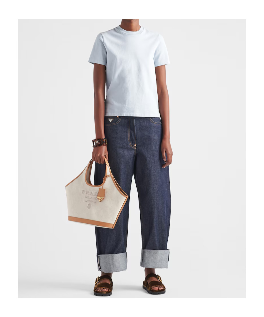 Prada Washed Cotton T-shirt With Short Sleeves In Blue