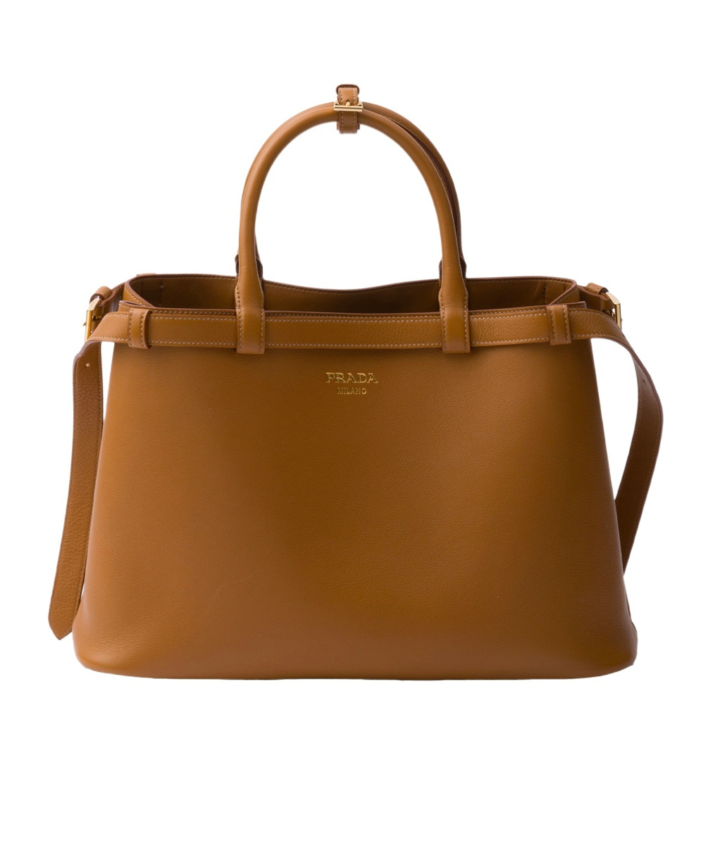 Prada Buckle Medium Leather Handbag With Double Belt In Brown