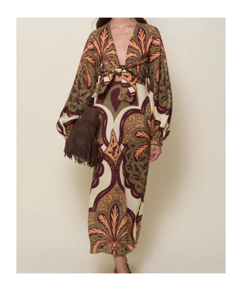 Johanna Ortiz Across Paradise Printed Linen Midi Dress In Brown
