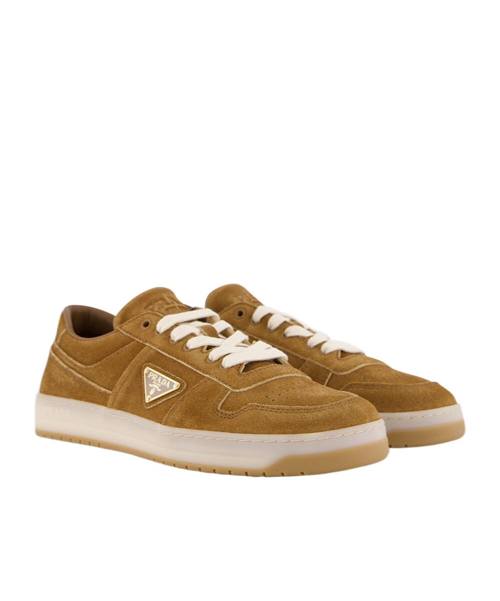 Prada Downtown Sneakers In Faded Suede In Brown