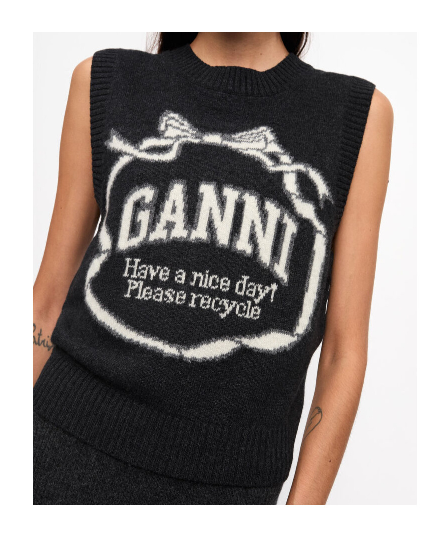 Ganni Logo Intarsia Wool-blend Sweater Vest In Black