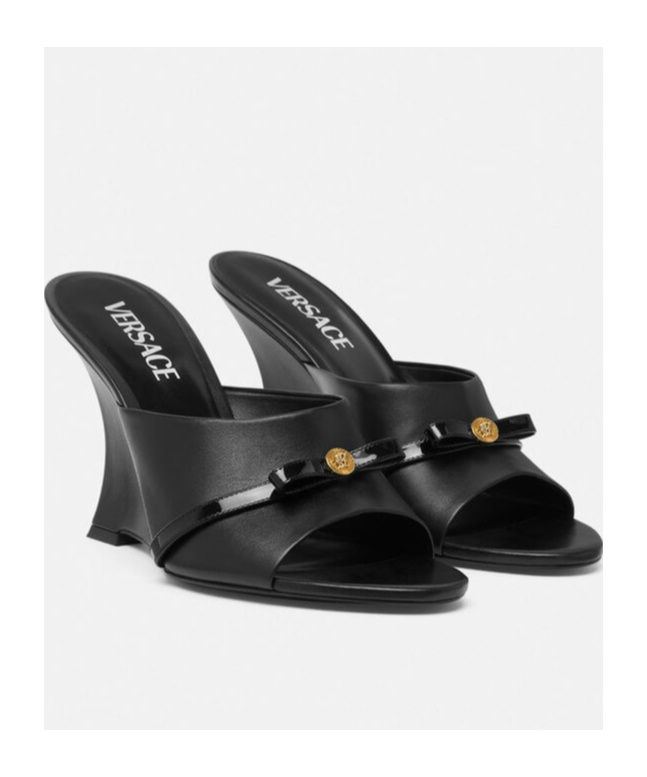 Versace Black Gianni Ribbon Wedge Mules In Black