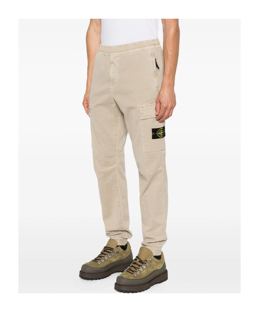 Stone Island Tapered Fit Cotton Cargo Pants With Elasticated Waistband In Neutral
