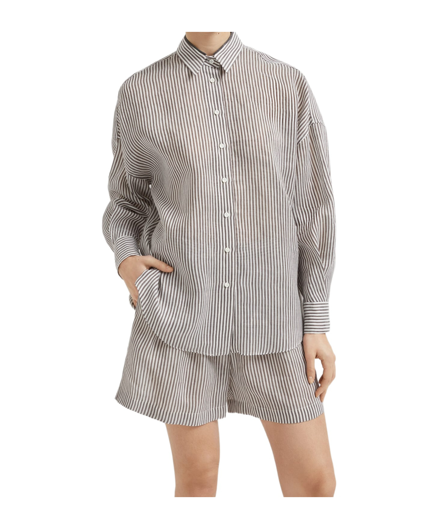 Brunello Cucinelli Bordeaux Stripe Linen-cotton Blend Shirt In Pink