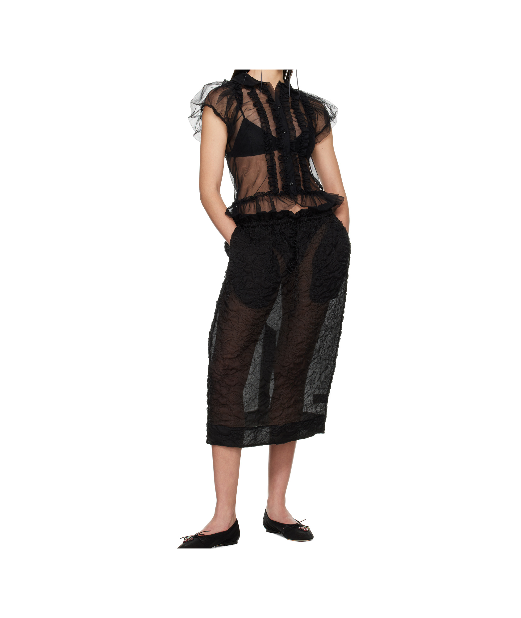 Simone Rocha Black Elasticated Gathered Ruffle Waist Tulip Midi Skirt In Black