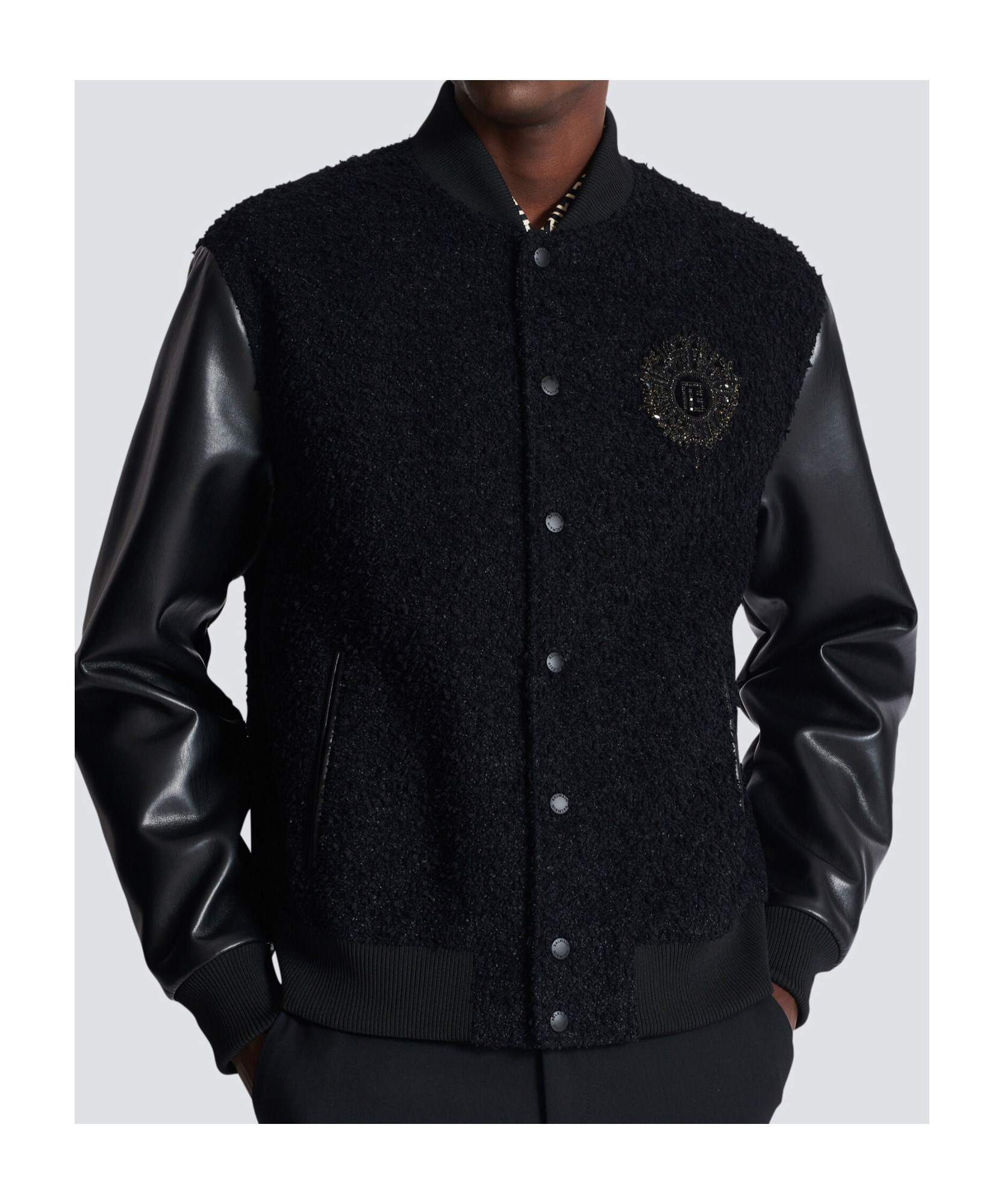 Balmain Varsity Tweed And Faux Leather Jacket In White