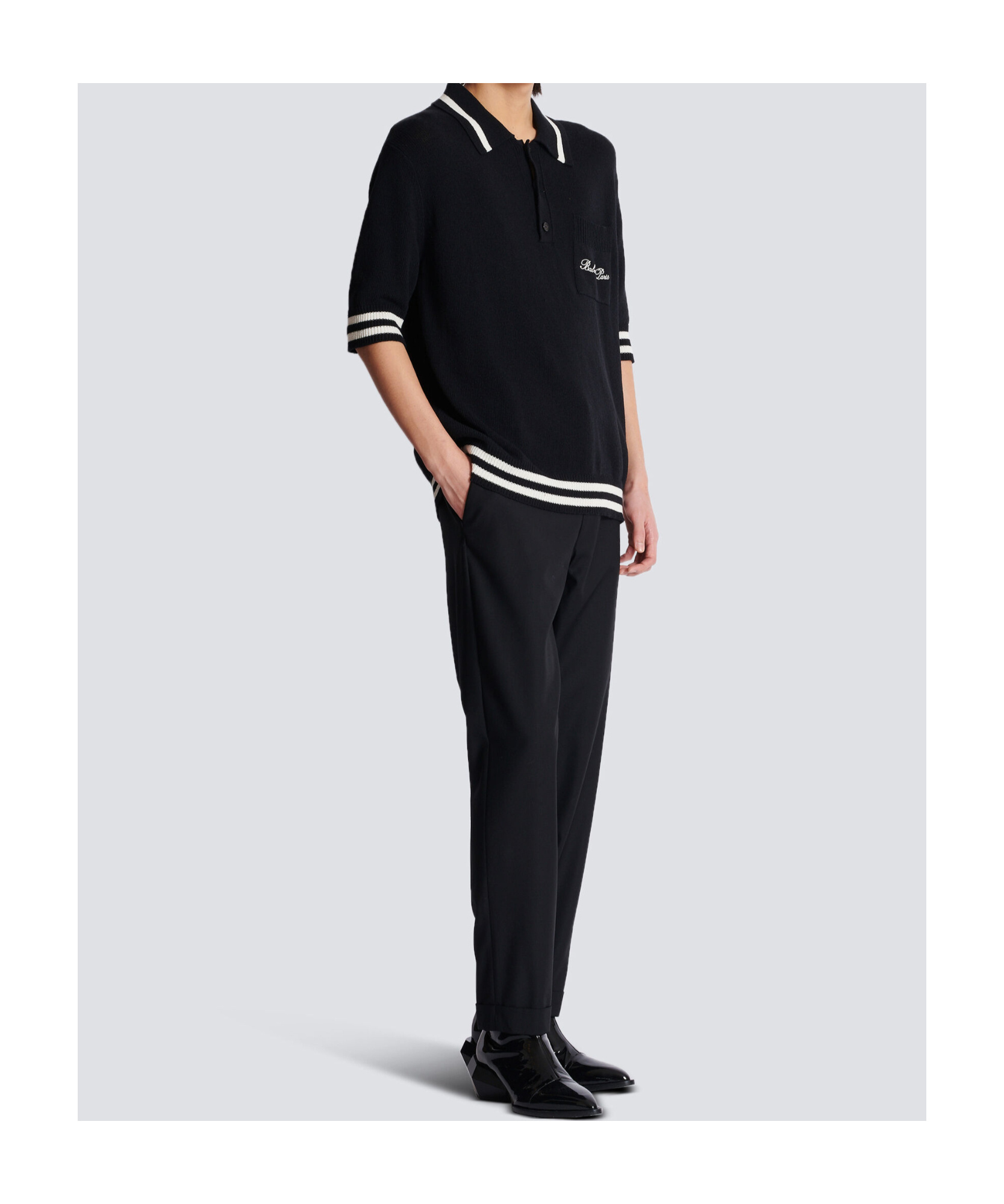 Shop Balmain Wool Polo Shirt With Signature Embroidery In Black