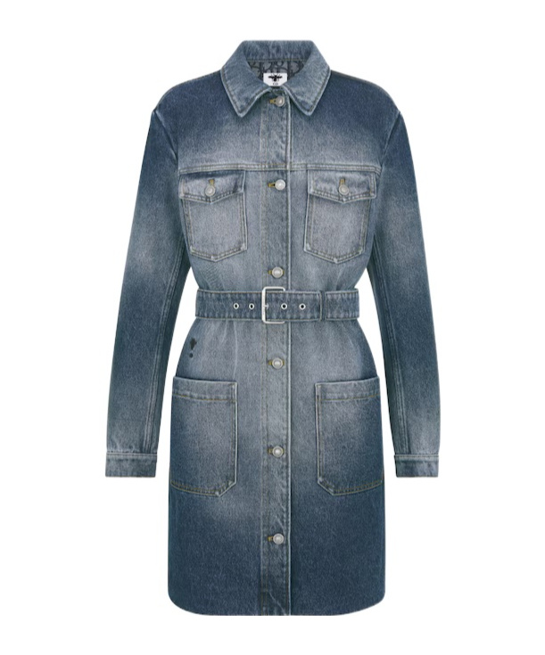 Dior Long Button Denim Coat In Blue