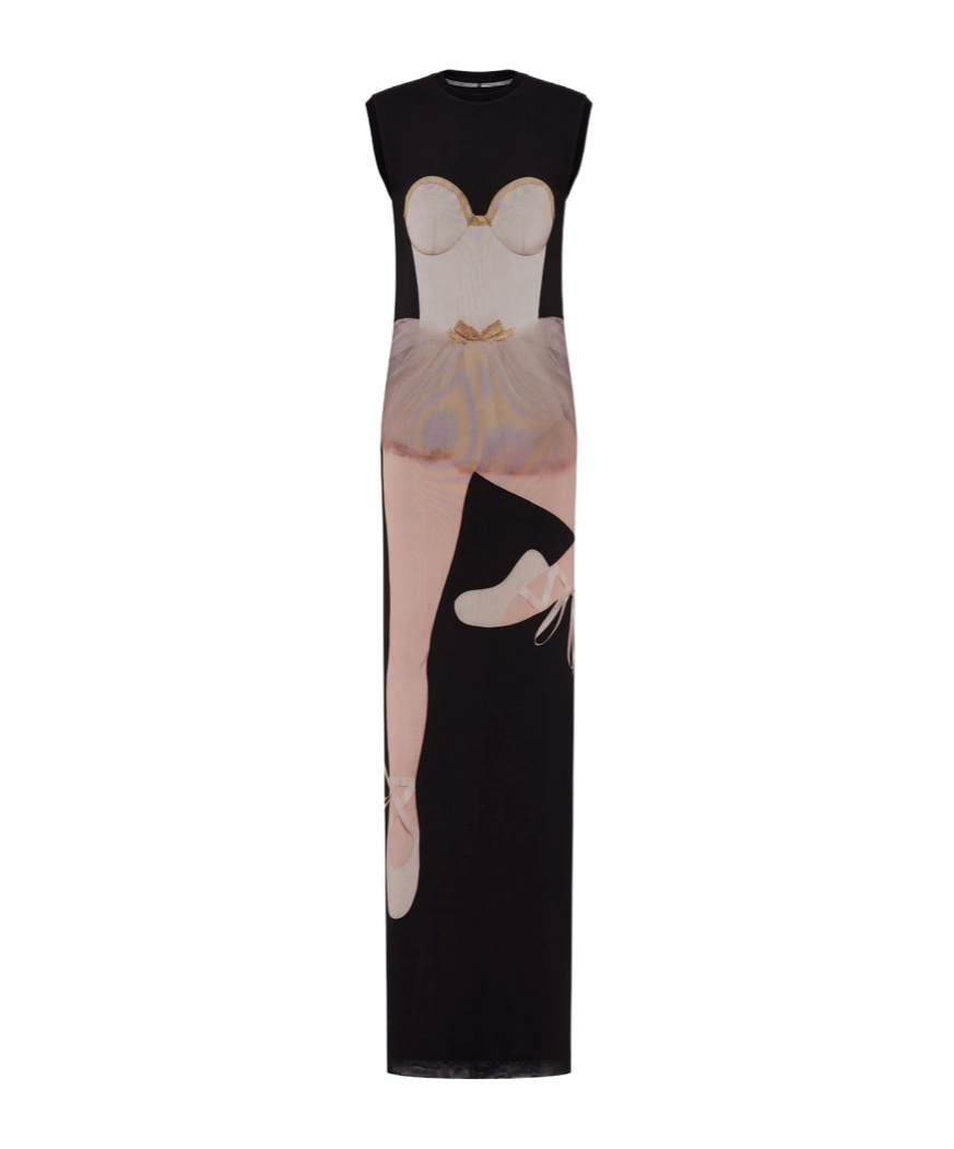 Moschino Ballerina Print Maxi Tulle Dress In Black