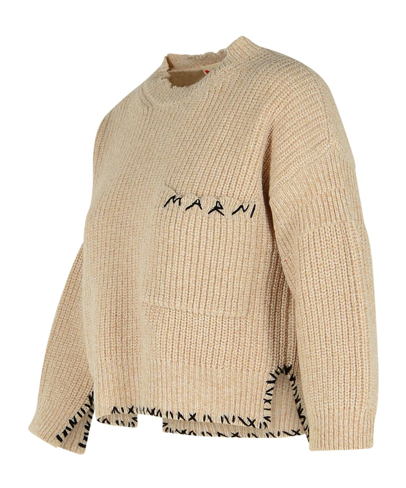 Marni Crew Neck Wool Sweater Embroidered In Neutral