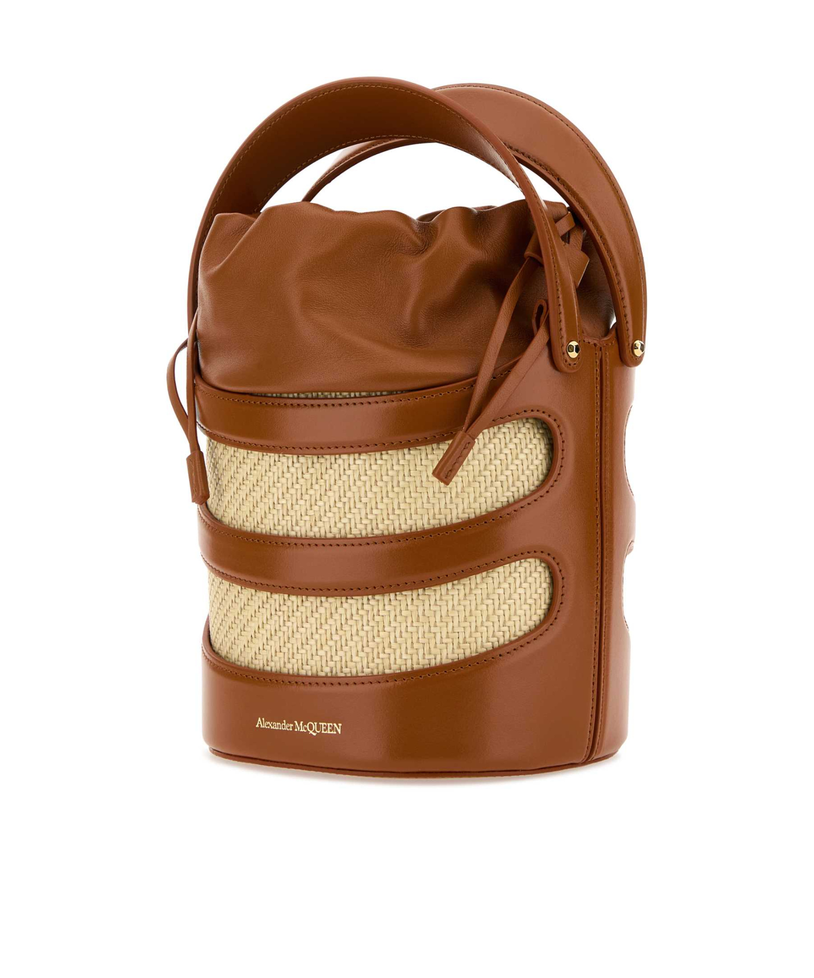 Alexander Mcqueen Women Two-tone Leather And Raffia Mini The Rise Bucket Bag In Brown