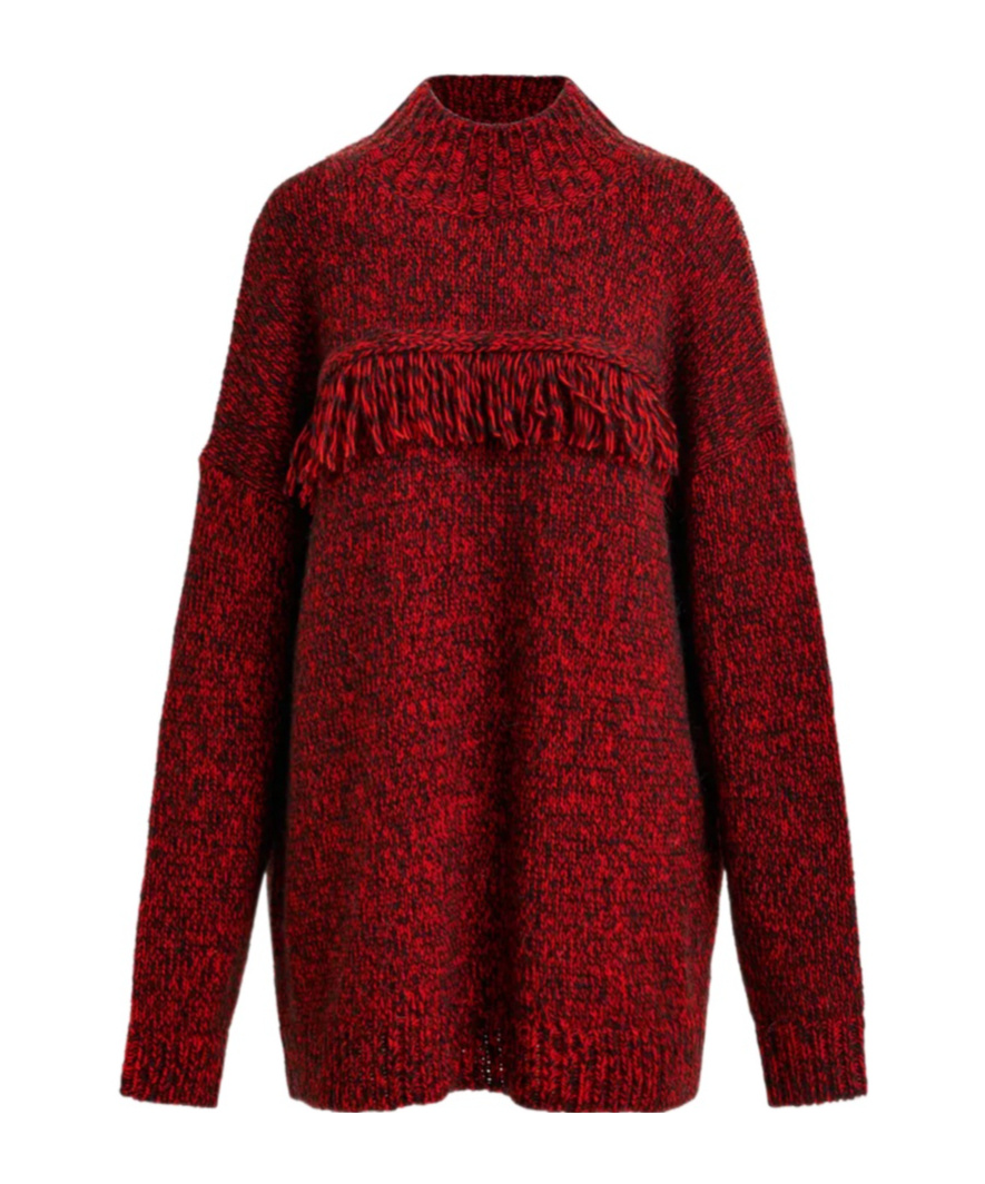 Essentiel Antwerp Dark Red And Black Wool-blend Sweater With Fringe Details In Red