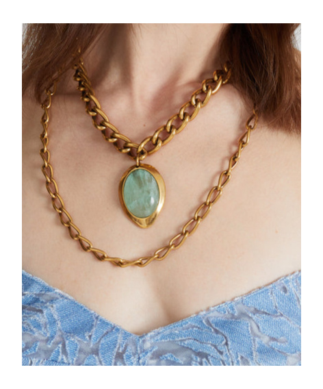 Ermanno Scervino Necklace With Double Chain And Semi-precious Light Blue Hard Stone In Yellow