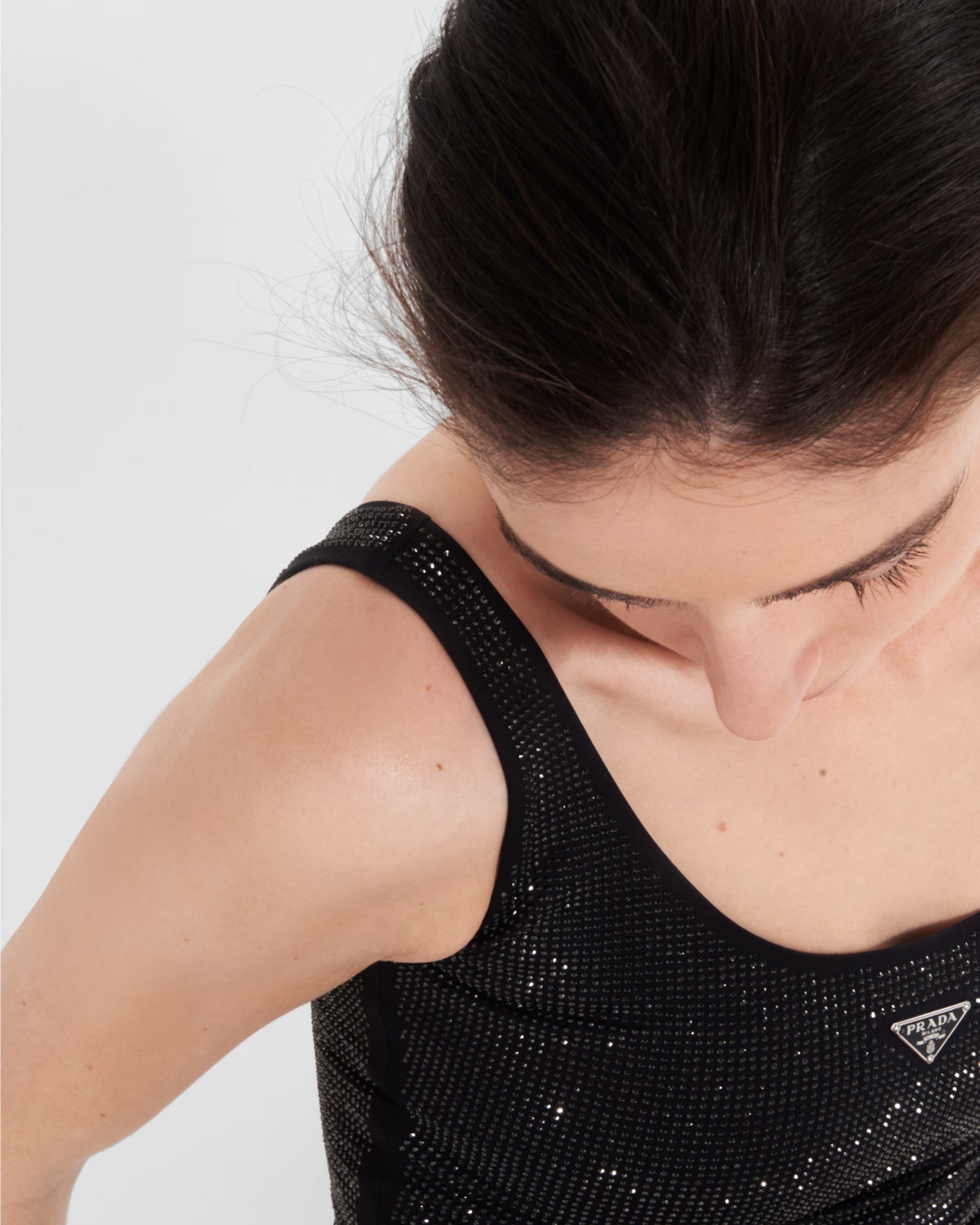 Shop Prada Jersey One-piece Swimsuit With Rhinestones In Black/smoky