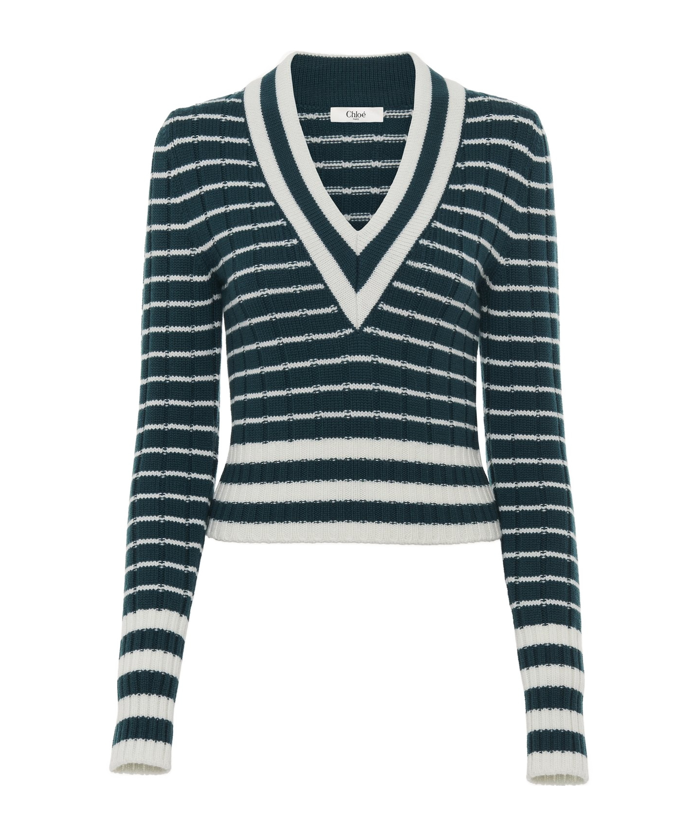 Chloé Striped Ribbed Knit Jumper Lace Detail In Green