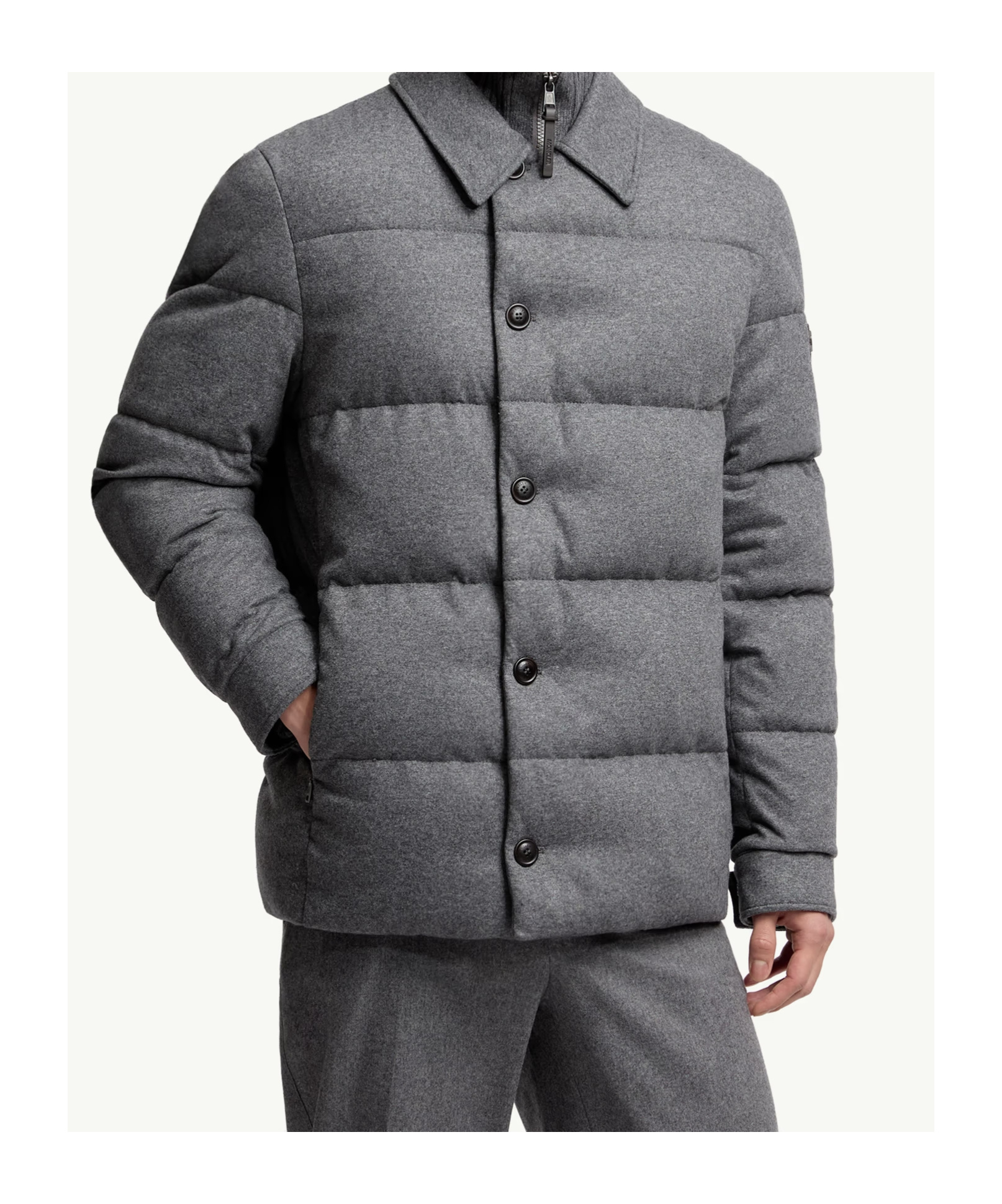 Moncler Pres Cashmere Blend Down Shirt Jacket In Gray
