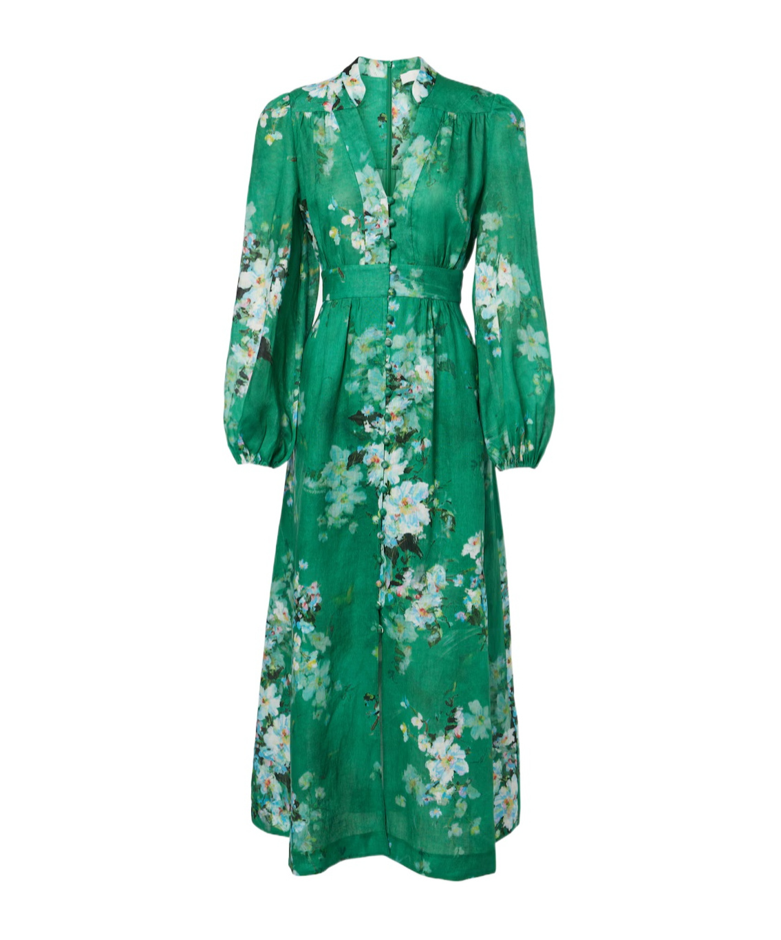 Zimmermann Everley Plunge Floral Linen Midi Dress In Green