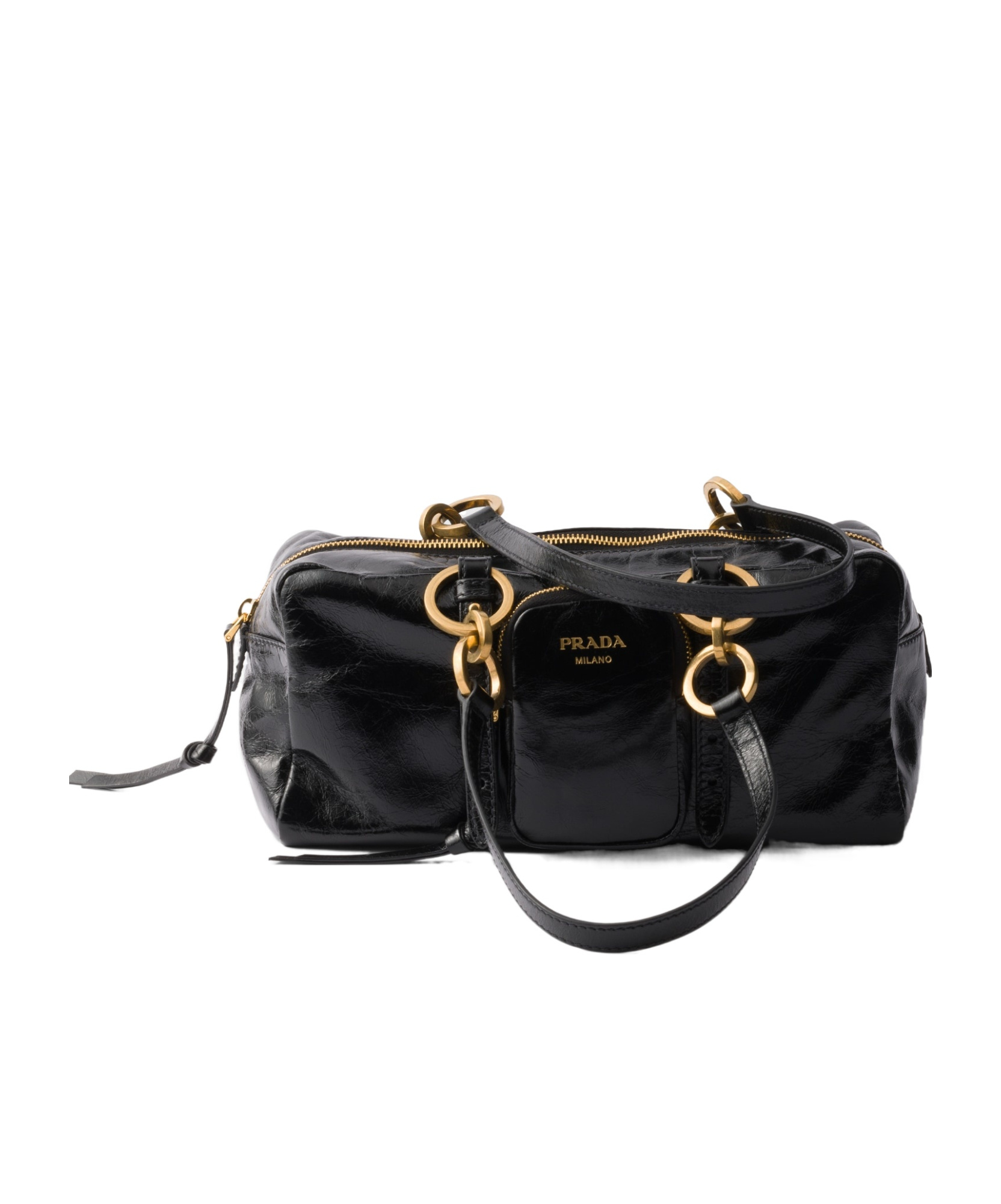 Prada Leather Handbag With Double Handles And Front Pocket In Black