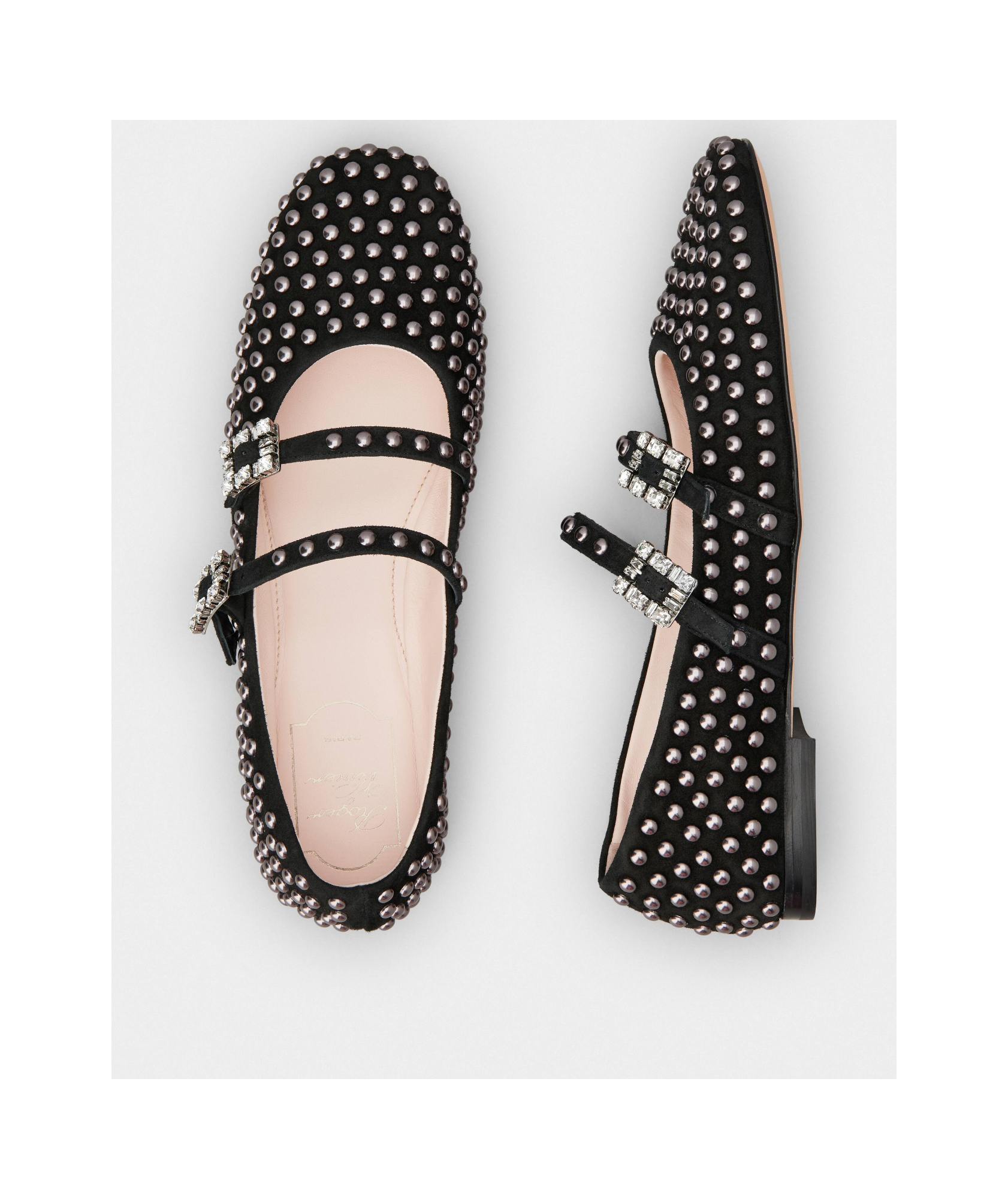 Roger Vivier Stud Embellished Buckle Strap Flat Shoes In Black