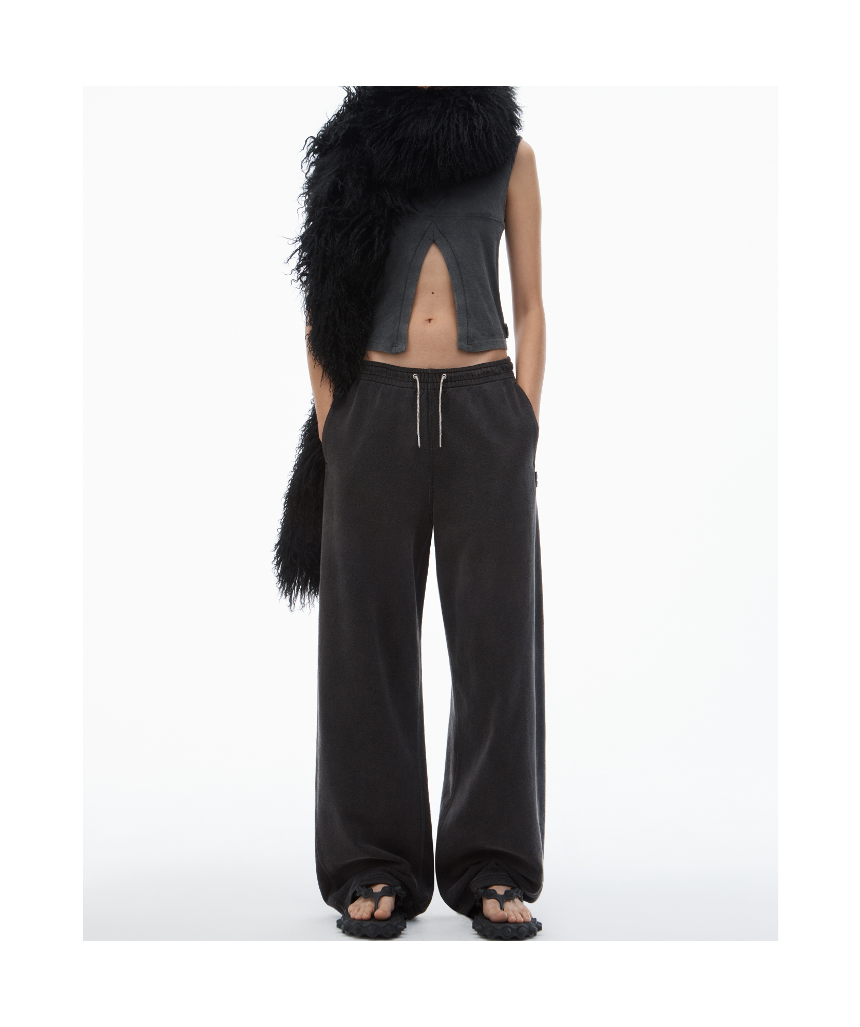 Alexander Wang Black Cotton Terry Sweatpant With Crystal Hotfix Drawcord In Black