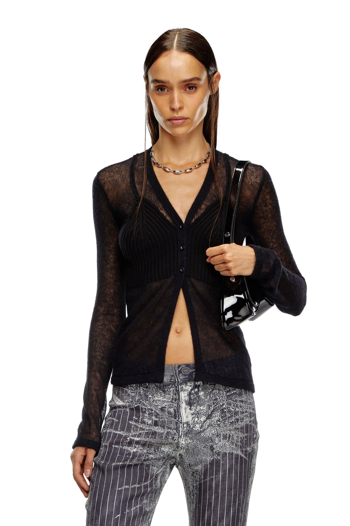 Diesel M-arina Semi-sheer Cardigan In Black
