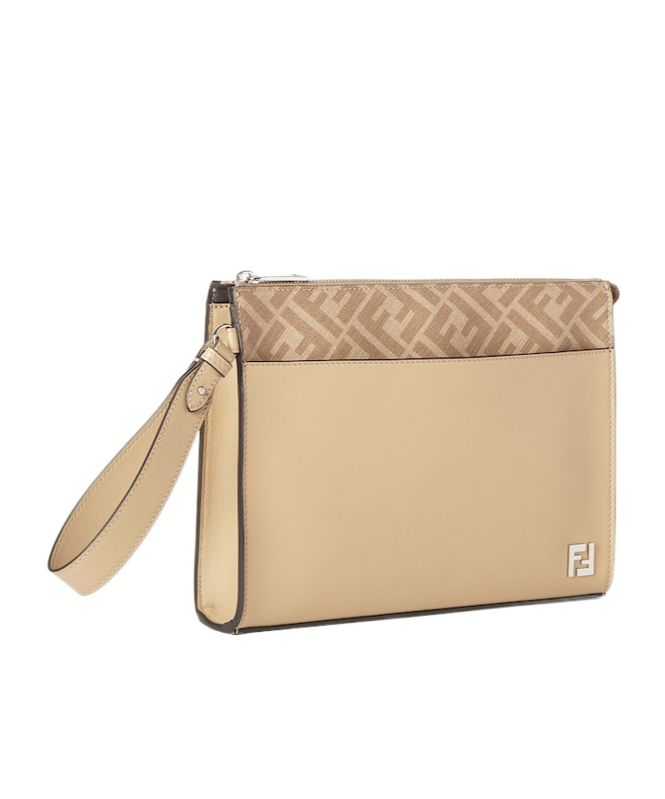 Fendi Ff-motif Leather Clutch Bag In Neutral