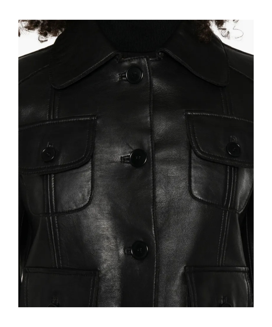 P.a.r.o.s.h Leather Jacket With Collared Neck And Flap Pockets In Black