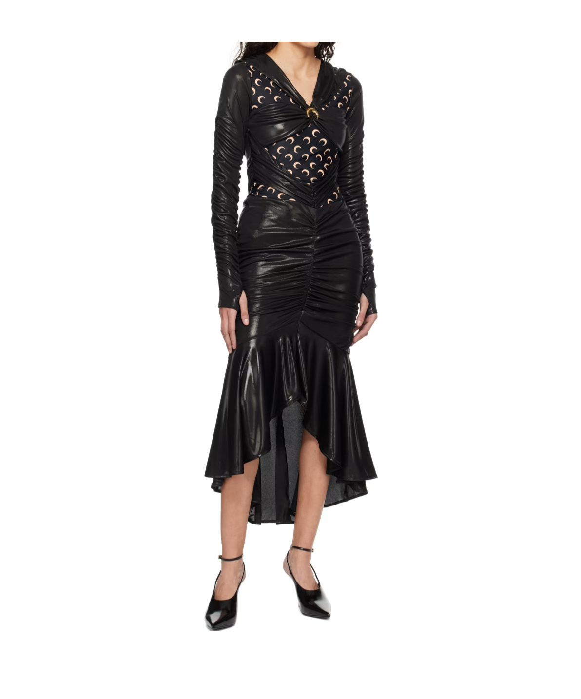 Marine Serre All Over Moon Ruched Jersey Midi Dress In Black