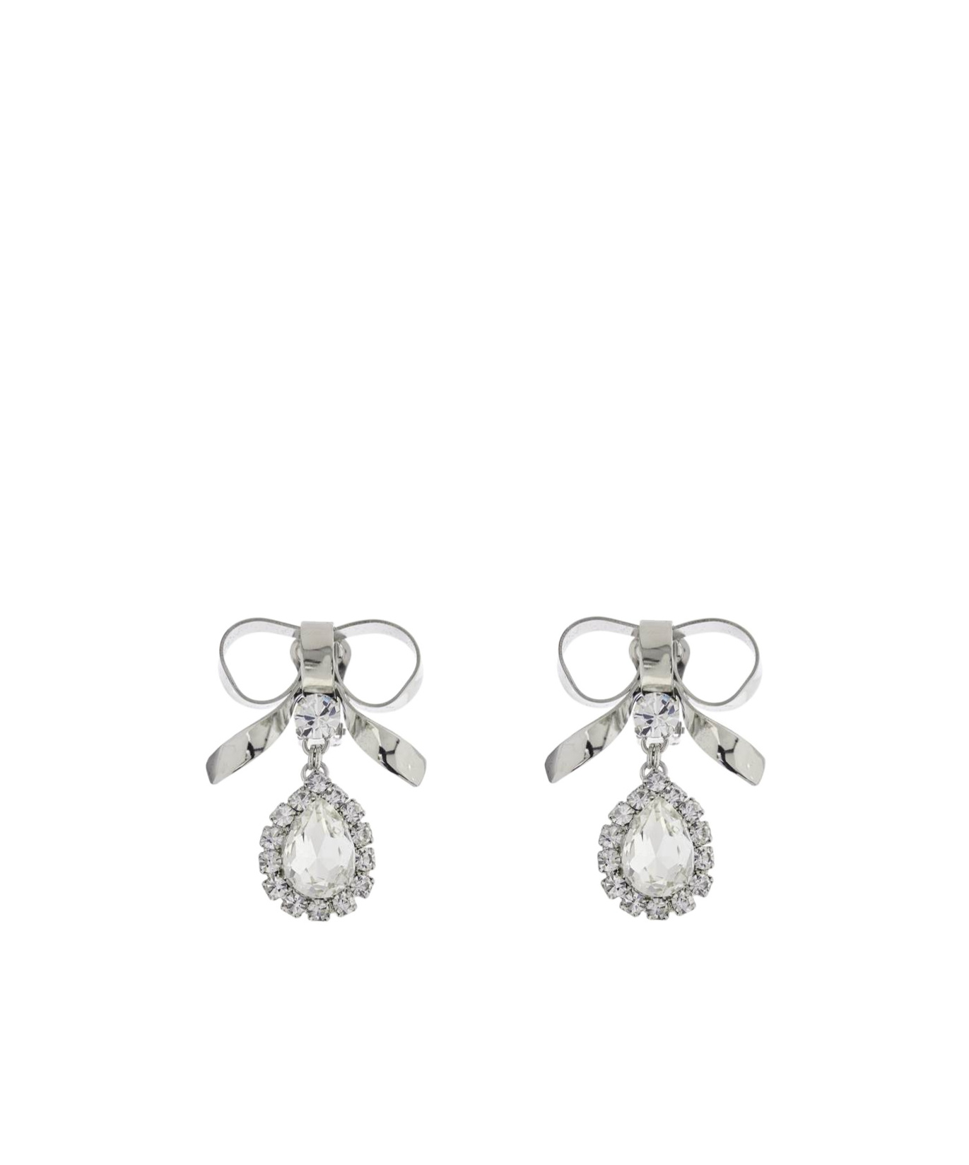 Alessandra Rich Bow Earrings With Crystal Pendant In Plated Brass In White