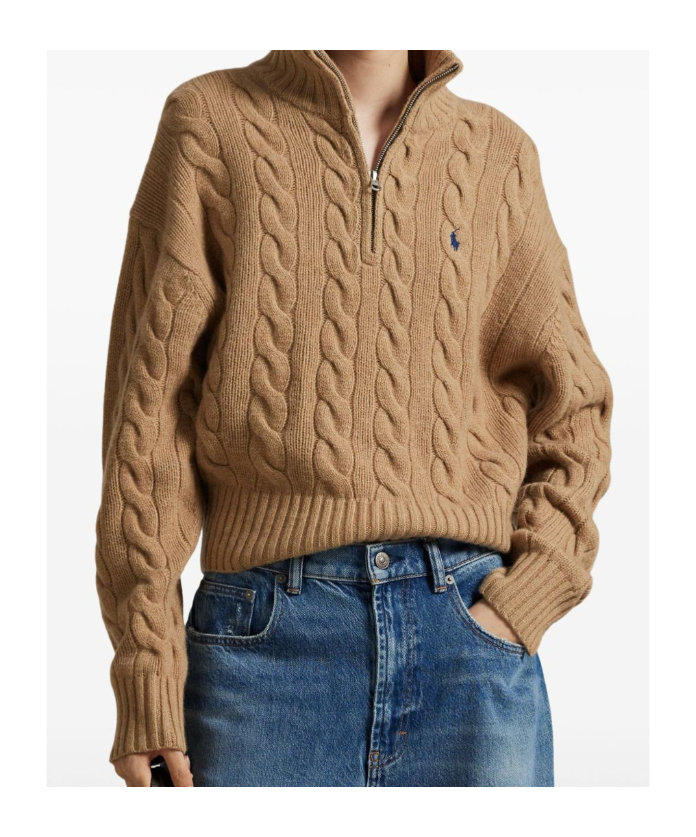 Polo Ralph Lauren Wool And Cashmere Cable-knit Half-zip Sweater In Brown