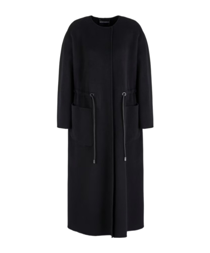 Emporio Armani Virgin-wool Coat With Drawstring Waist In Black