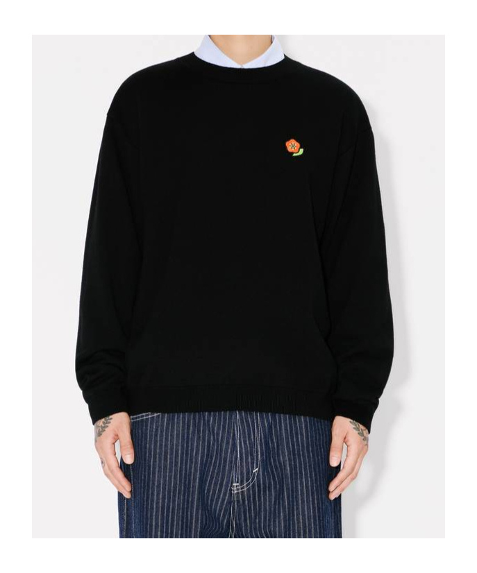 Kenzo Black Sweatshirt In Light Fllece With Broke Flower Embroidery To The Chest  Man In Black