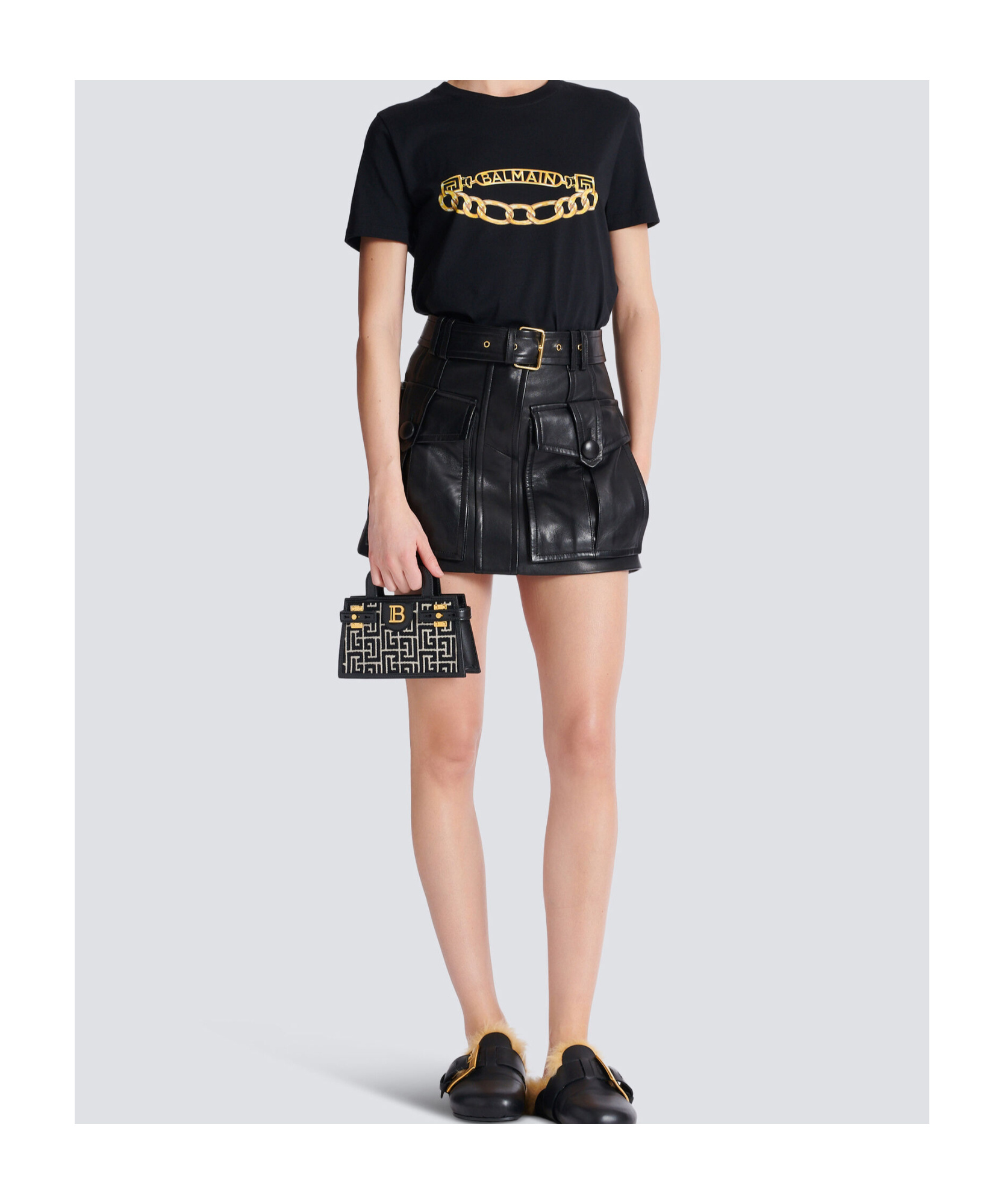 Balmain B-buzz Small Top Handle Monogrammed Canvas And Leather Bag