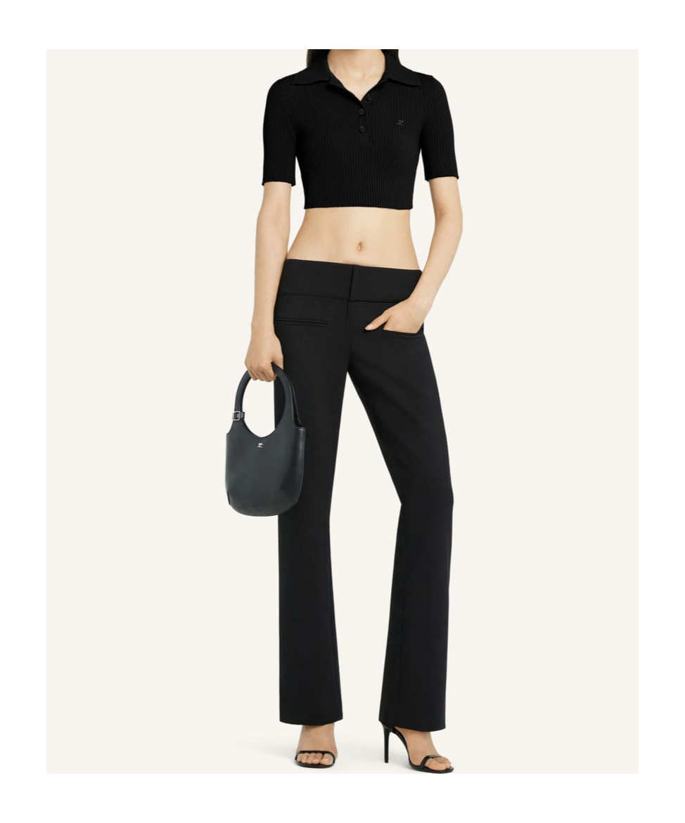 Courrèges Logo Patch Ribbed-knit Cropped Polo Top In Black