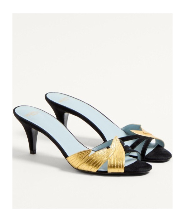 Valentino Foliefoliage 65 Suede Sandal In Black/gold
