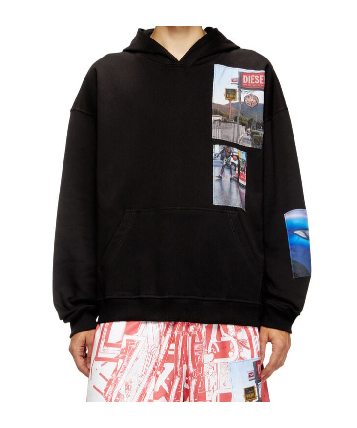 Diesel Graphic Print Hooded Sweater Kangaroo Pocket In Black
