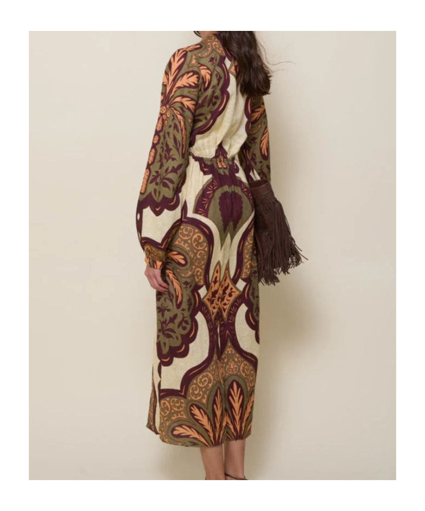 Johanna Ortiz Across Paradise Printed Linen Midi Dress In Brown