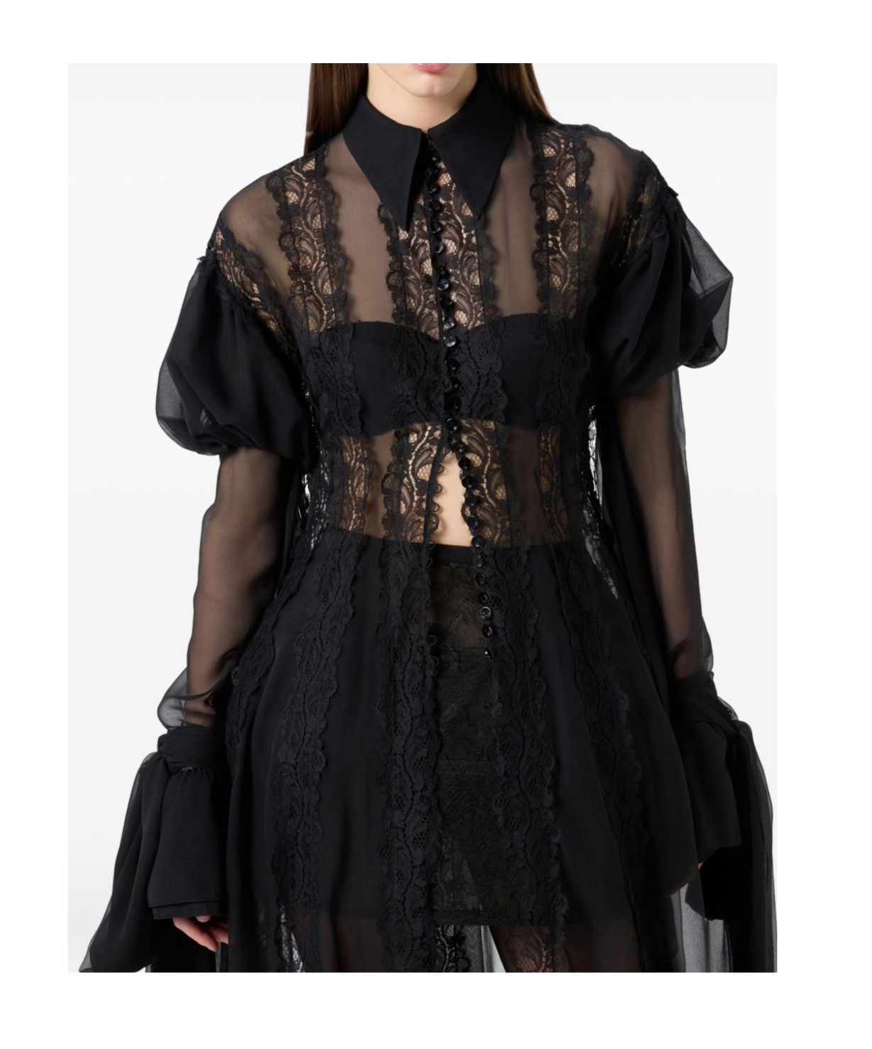 Blumarine Lace-panelled Puff-sleeve Top In Black