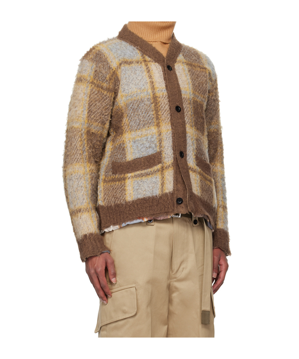 Sacai Brown Plaid Knit Cardigan In Nude