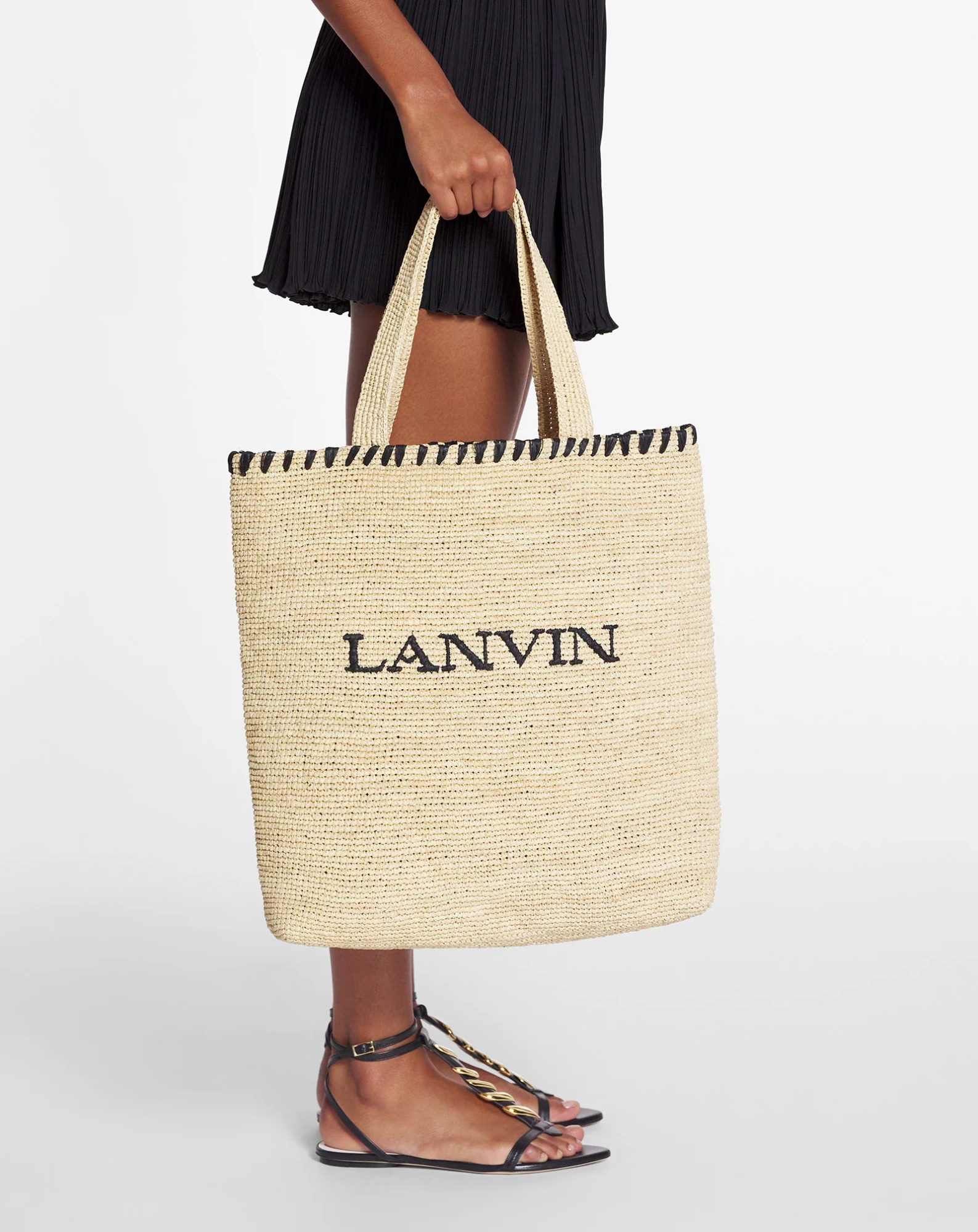 Lanvin Embroidered Logo Raffia Tote Bag In Neutral