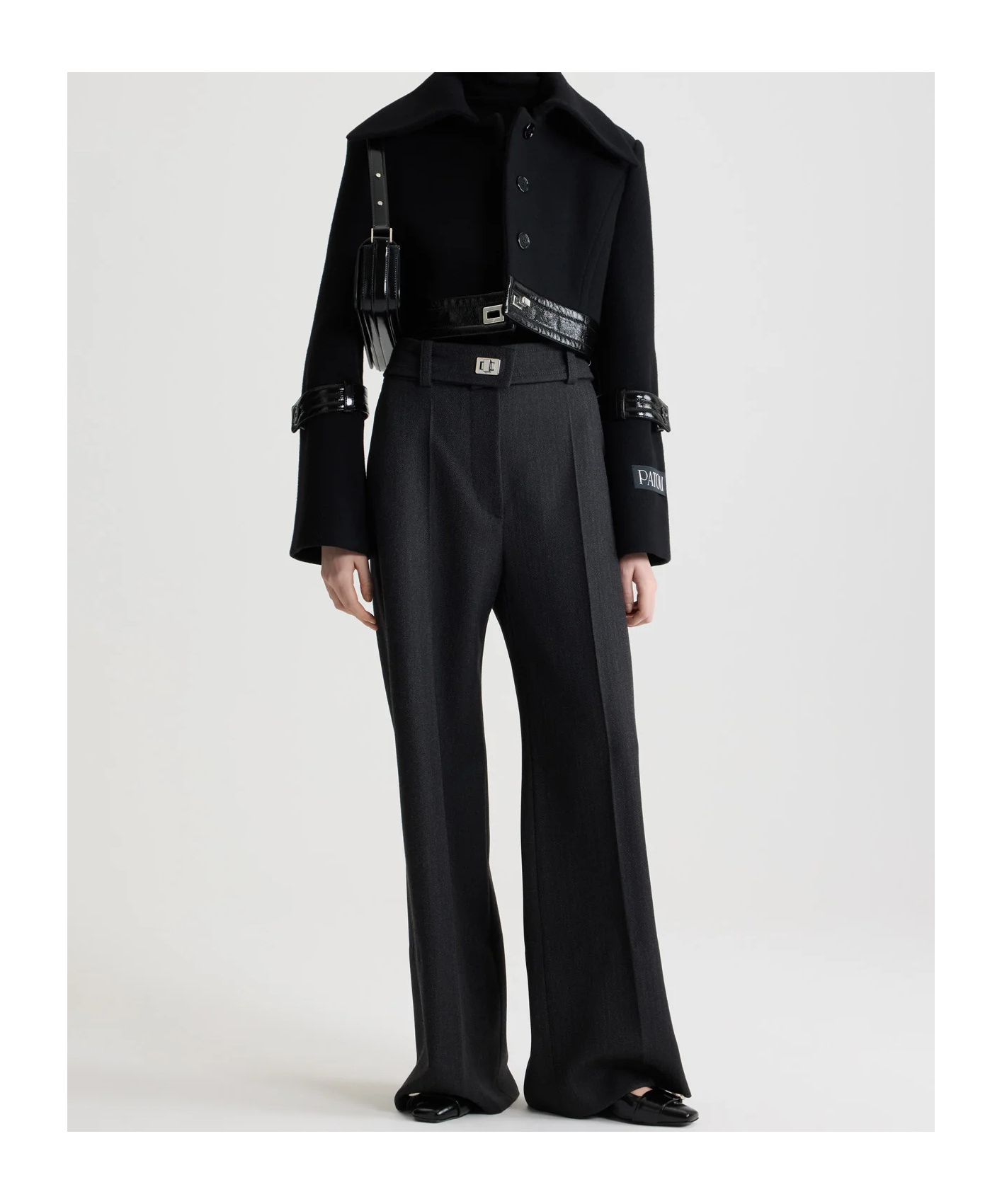 Patou Belted Coated-trimmed Brushed Wool-blend Jacket In Black