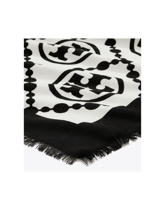 Tory Burch T Monogram Bordered Scarf In Black