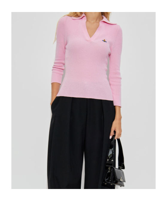 Vivienne Westwood Long Sleeve Collared Polo Top Ribbed Texture In Pink