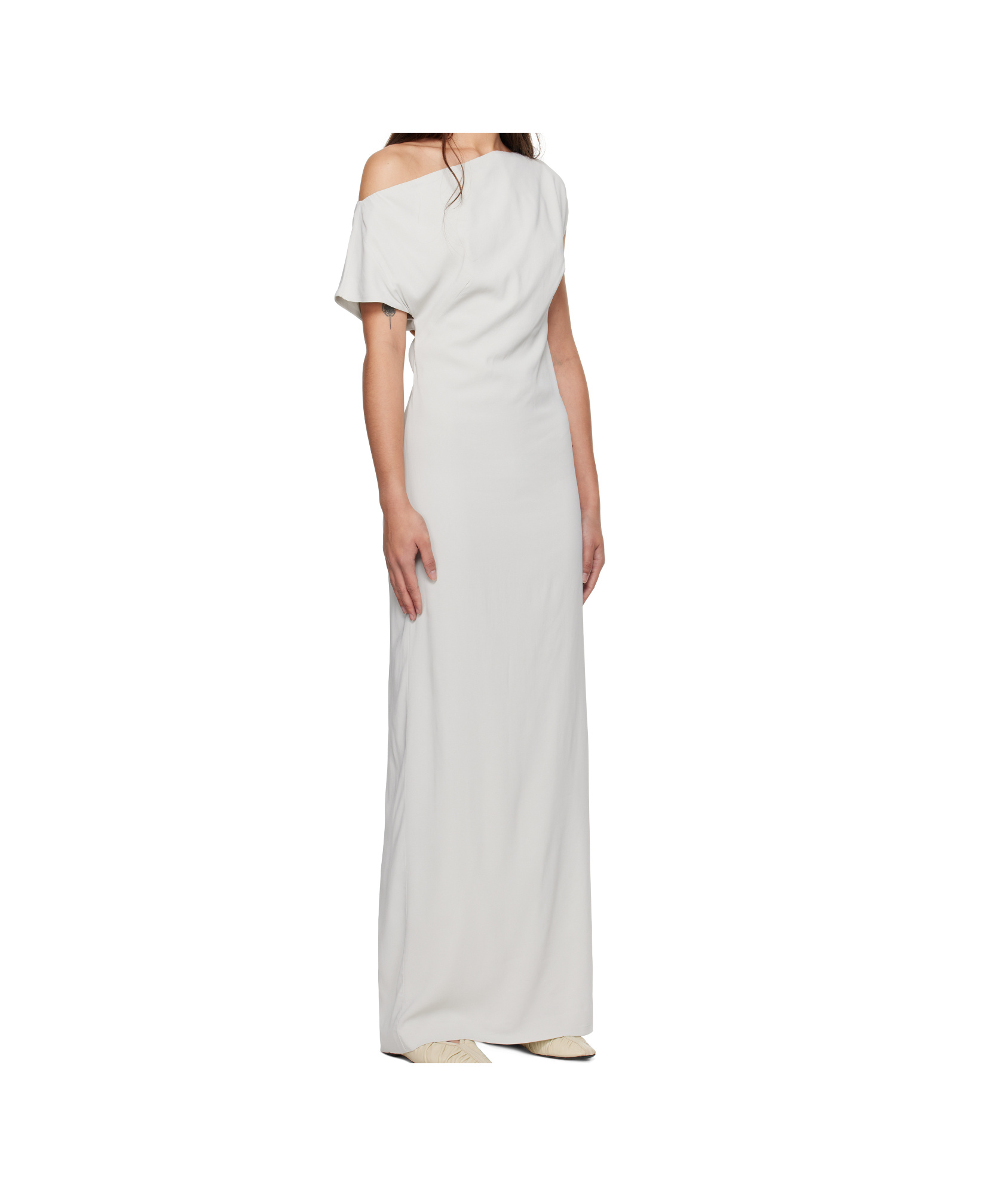 St Agni Gray Asymmetric Off Shoulder Midi Dress In White