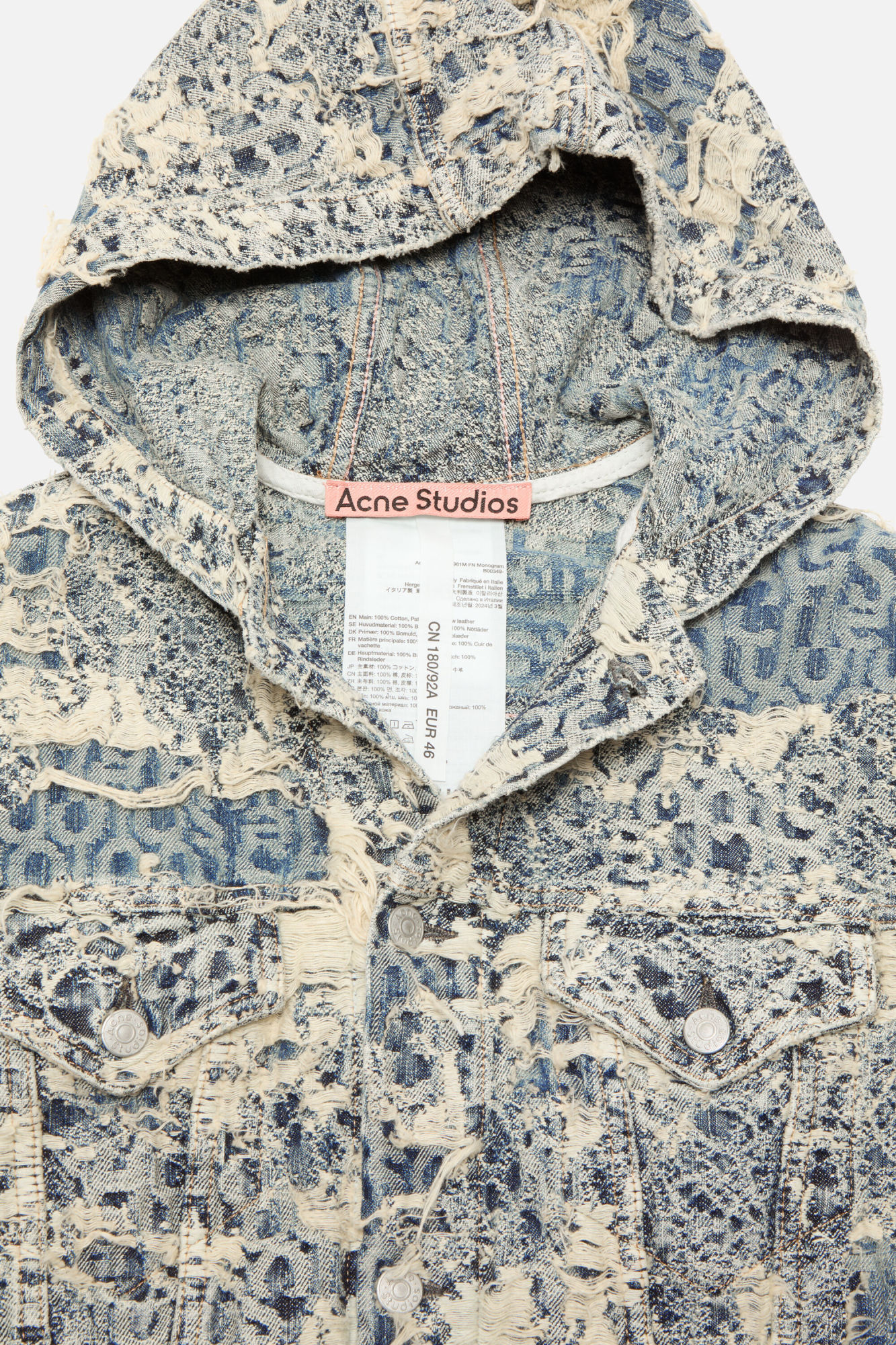 Acne Studios Hooded Distressed Denim Jacket In Neutral