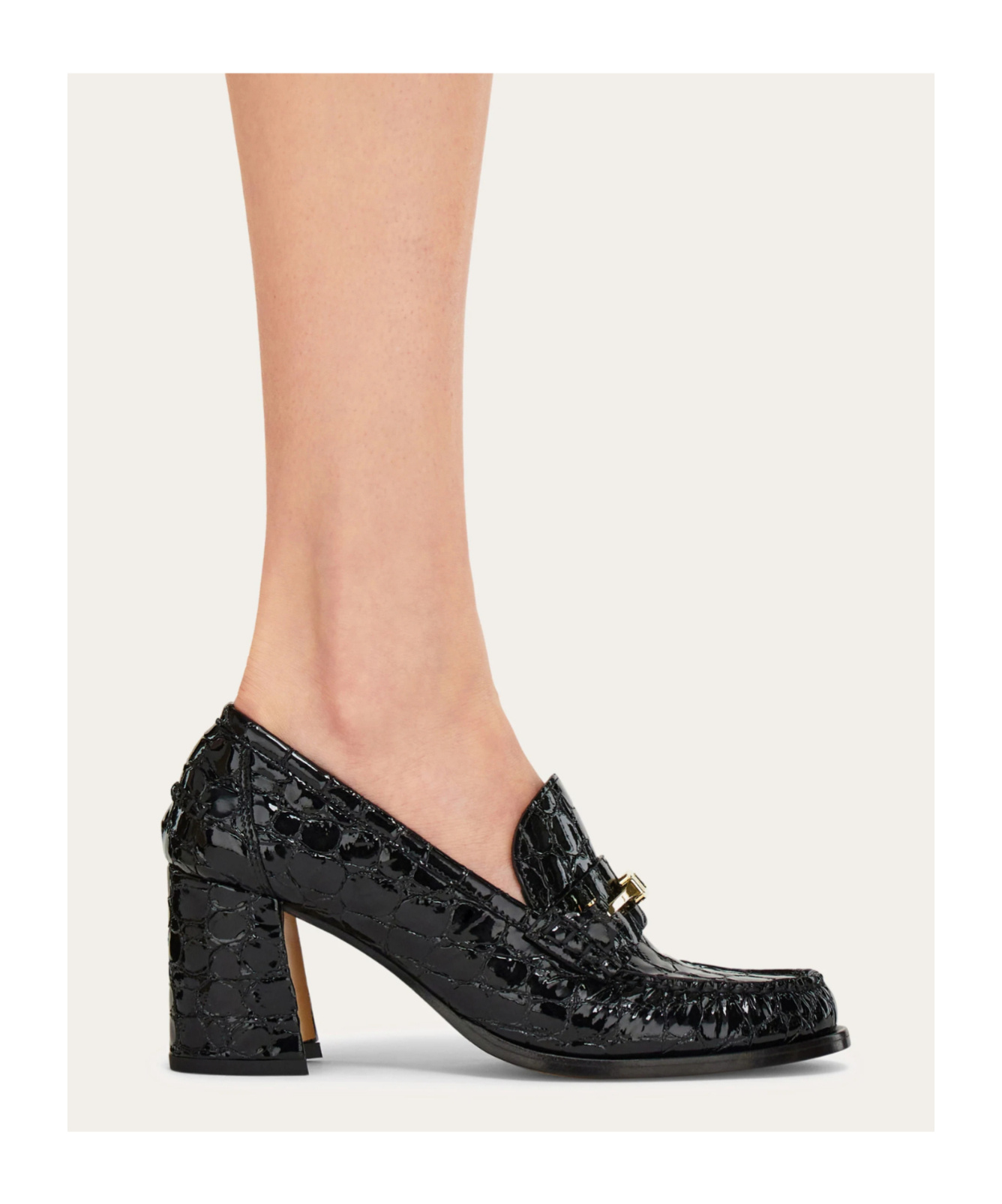 Ferragamo Croc-embossed Block Heel Round Toe Pumps In Black