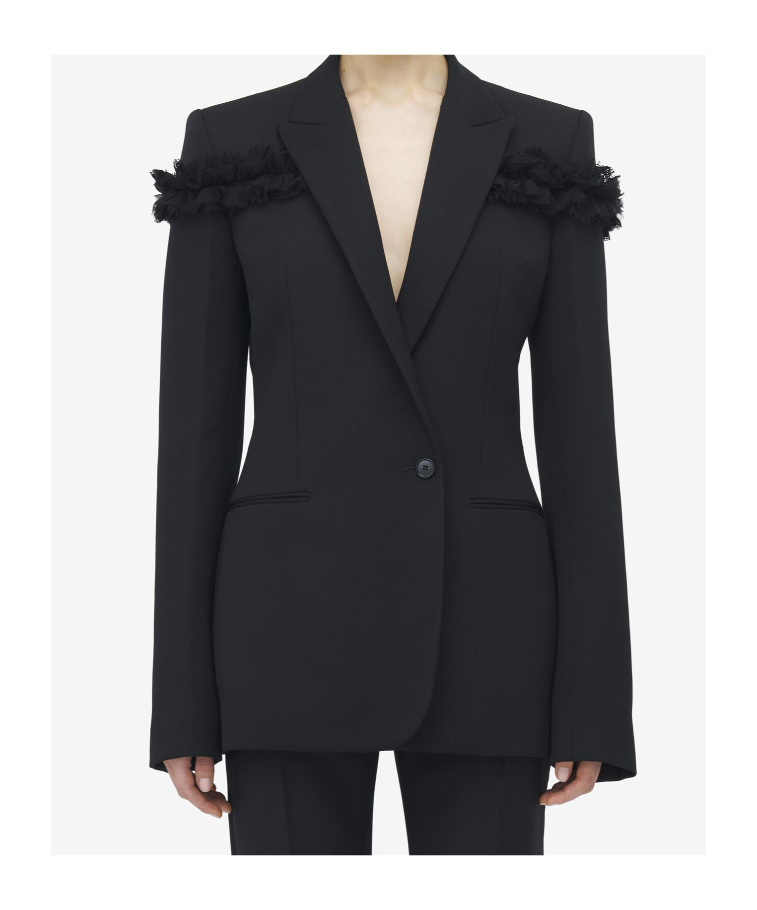 Alexander Mcqueen Ruffle Single-breasted Wrap Blazer Jacket In Black