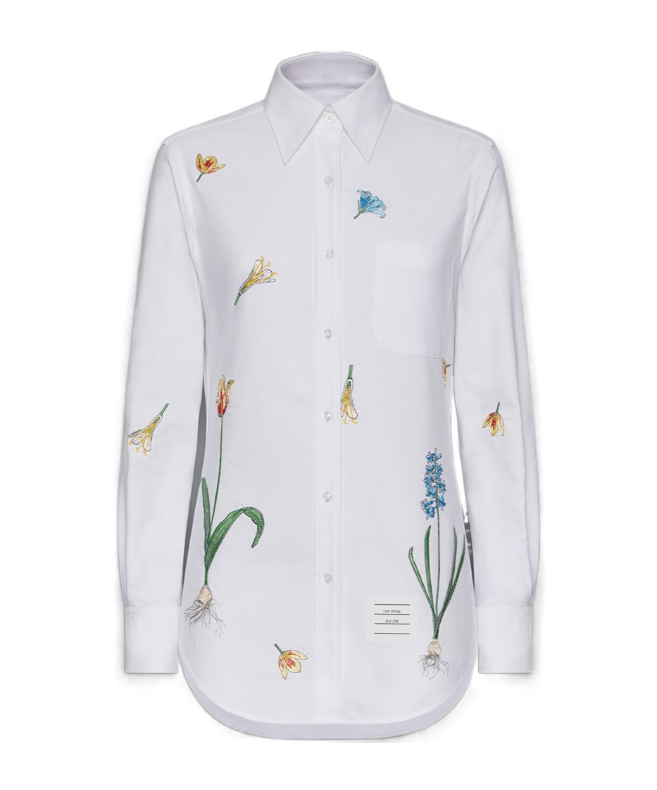 Thom Browne Floral Embroidered Cotton Button-down Shirt In White